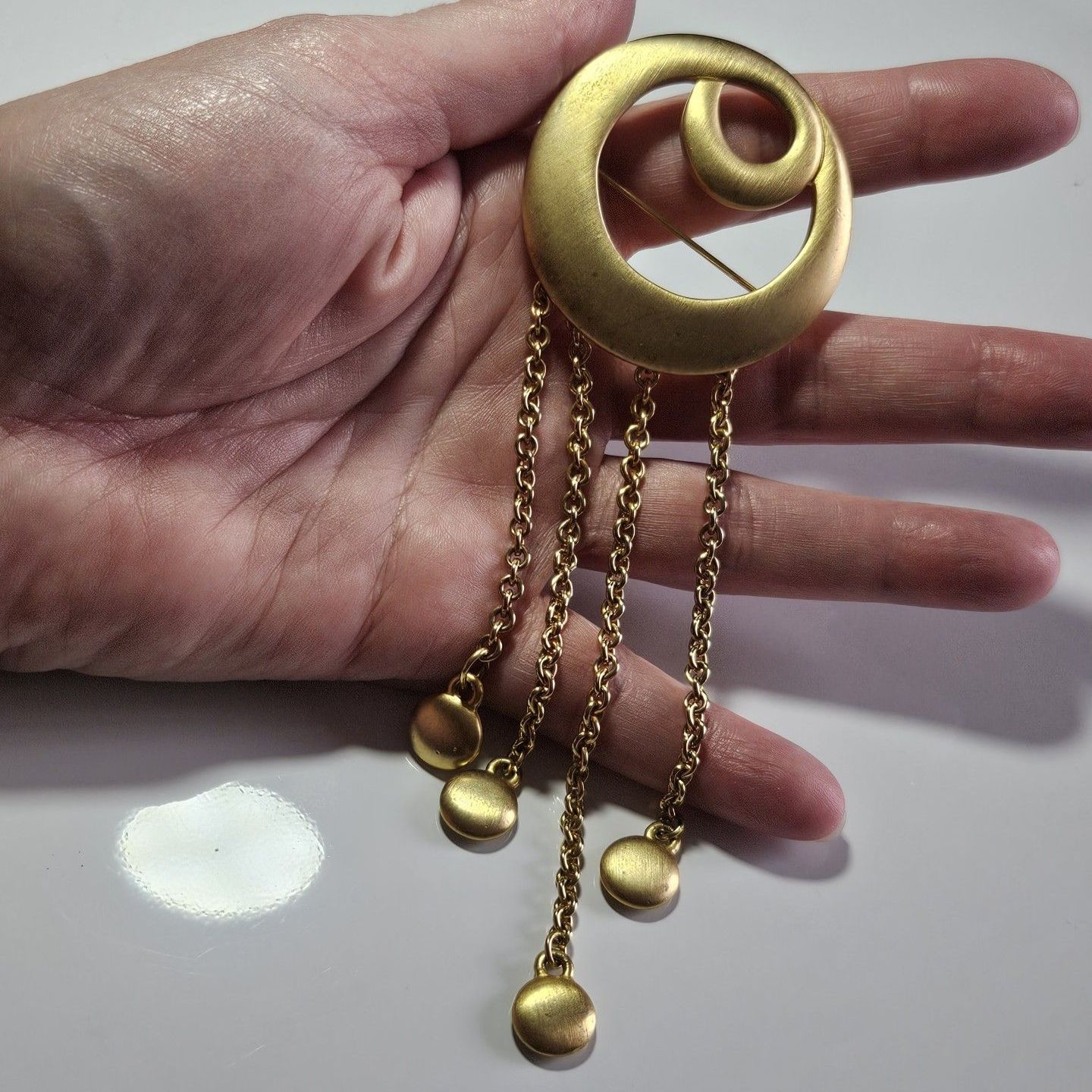 Tona Jewelry Signed Gold Design Swirl Brooch 4 Charms Dangling From 4 Chains